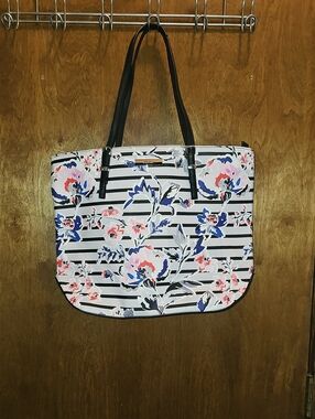 Nine West Striped Floral Tote in White, Black, Pink & Blue